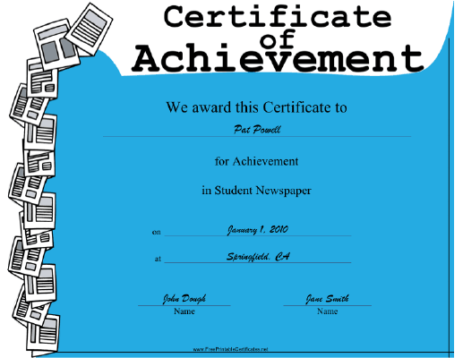 Student Newspaper certificate