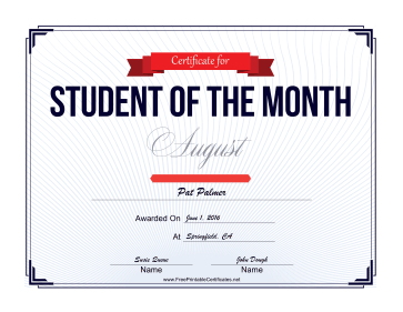 Student of the Month Certificate for August certificate