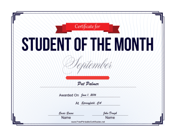 Student of the Month Certificate for September certificate