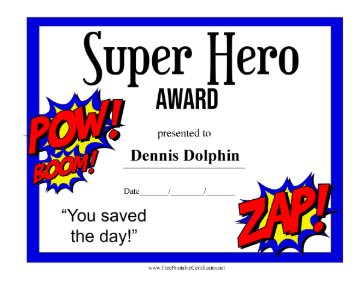 Super Hero Award certificate
