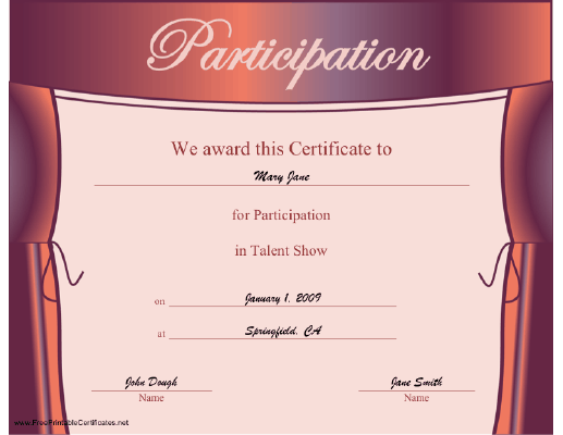 Participation in Talent Show certificate