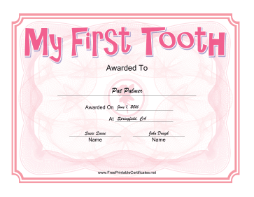 Tooth Fairy Pink certificate