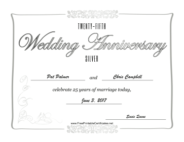 Twenty-Fifth Wedding Anniversary certificate