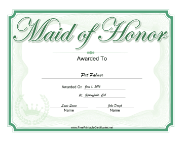 Wedding Maid of Honor certificate