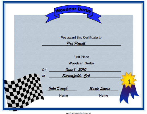 Woodcar Derby First Place certificate