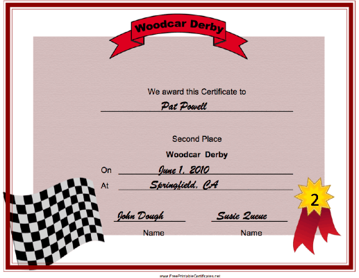 Woodcar Derby Second Place certificate