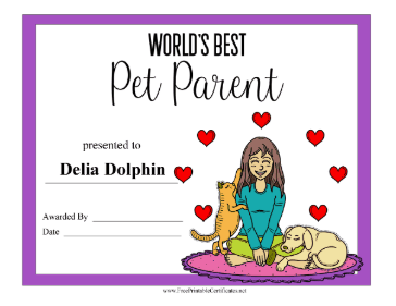 Worlds Best Pet Parent certificate