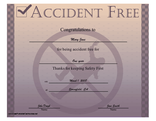 Accident Free certificate