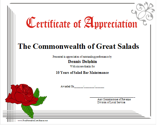 Appreciation certificate