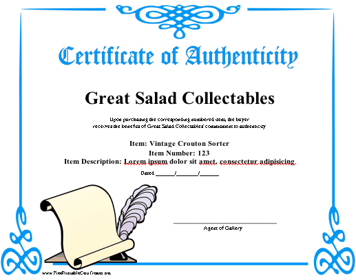 Authenticity certificate