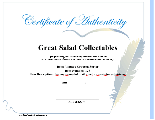 Authenticity certificate