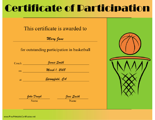 Basketball Participation certificate