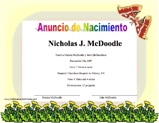 Anuncio de Nacimiento certificate