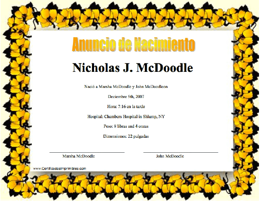Anuncio de Nacimiento certificate