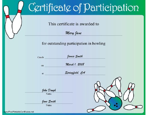 Bowling Participation certificate