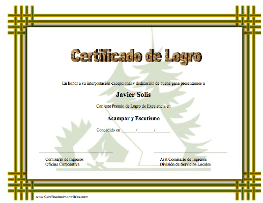 Certificado de Logro en Acampar y Escutismo certificate