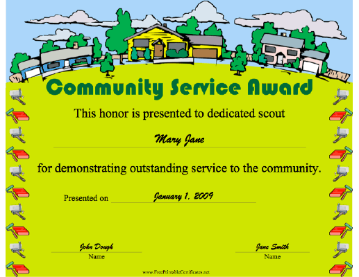 Community Service Award certificate