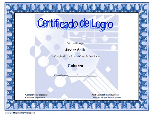 Certificado de Logro Estudios en Guitarra certificate