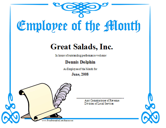 Employee of the Month certificate