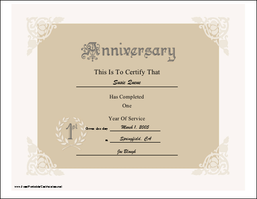 1st Anniversary certificate