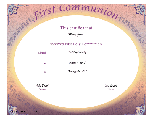 First Communion certificate