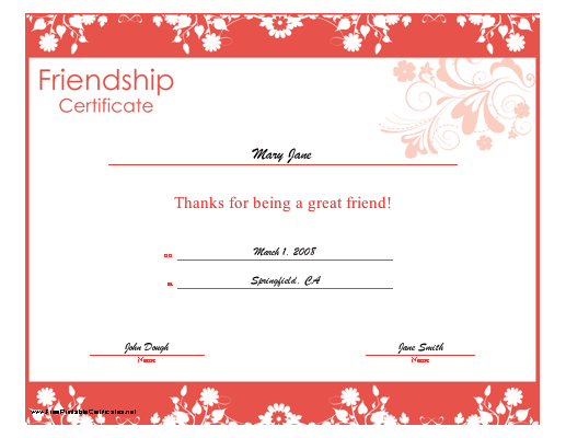 Friendship certificate