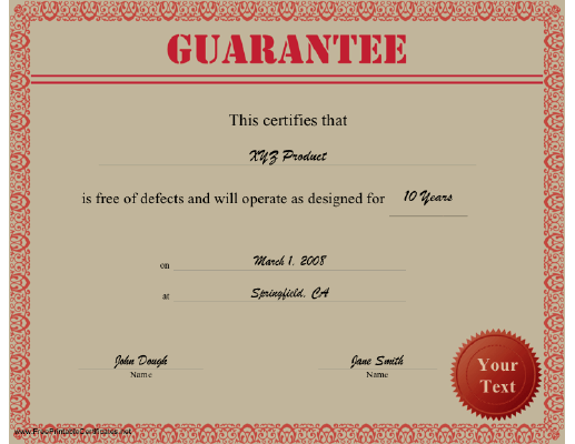 Guarantee certificate