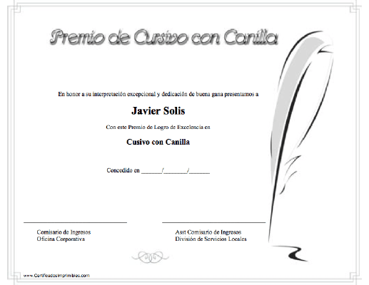Premio de Cursivo con Canilla certificate