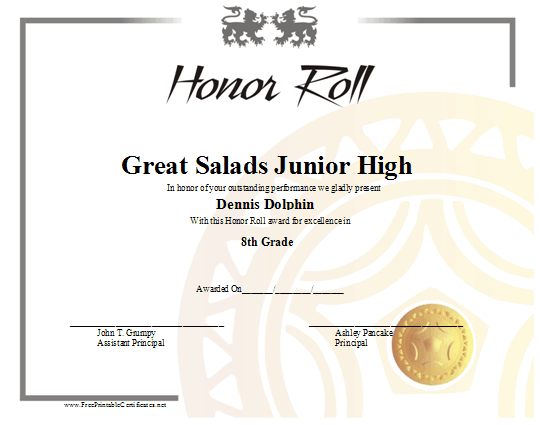 Honor Roll certificate