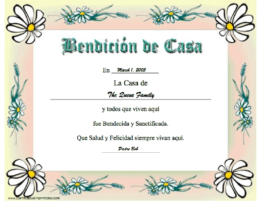 Benedición de Casa certificate