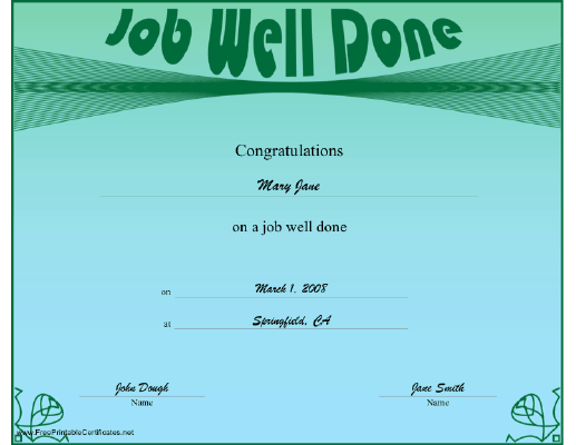 Job Well Done certificate