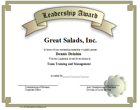 Leadership Award certificate