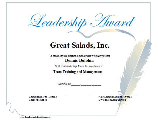 Leadership Award certificate