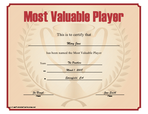Most Valuable Player certificate