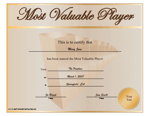 Most Valuable Player certificate