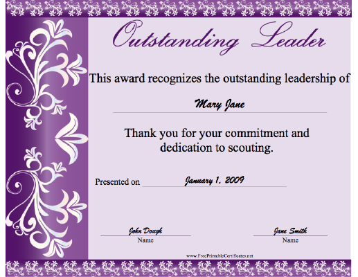 Outstanding Leader certificate