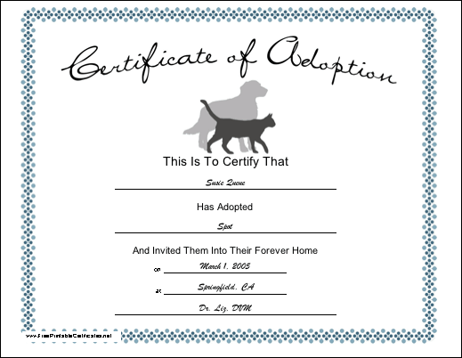 Pet Adoption certificate
