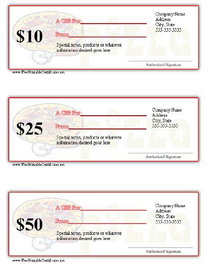 Gift Certificate - Pizza certificate