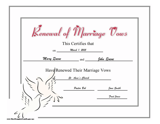 Renewal of Marriage Vows certificate