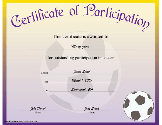 Soccer Participation certificate