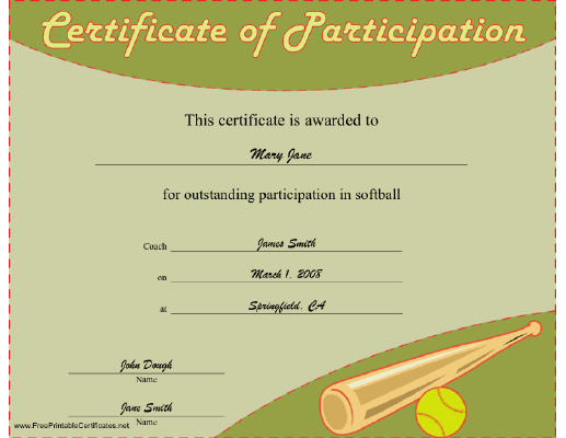 Softball Participation certificate
