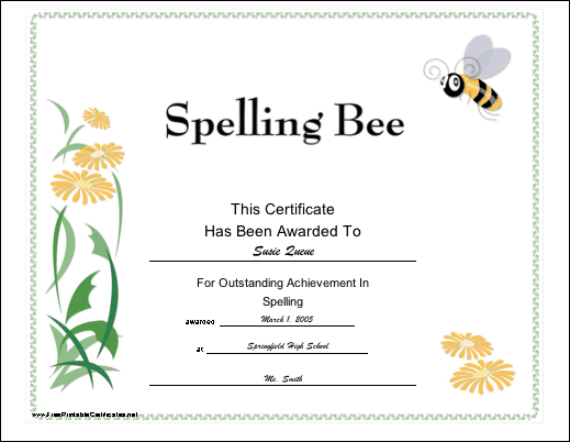 Spelling Bee certificate