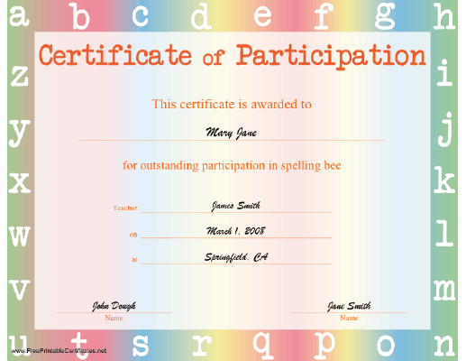 Spelling Bee Participation certificate
