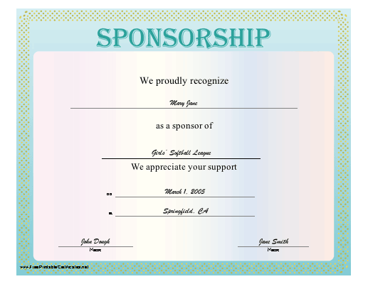 Sponsorship certificate
