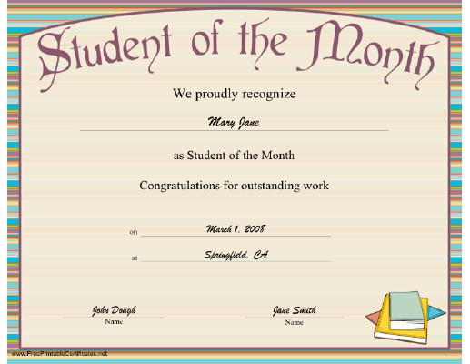 Student of the Month certificate