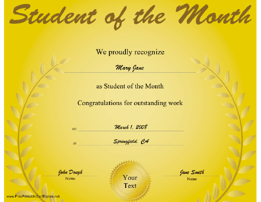 Student of the Month certificate