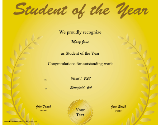Student of the Year certificate