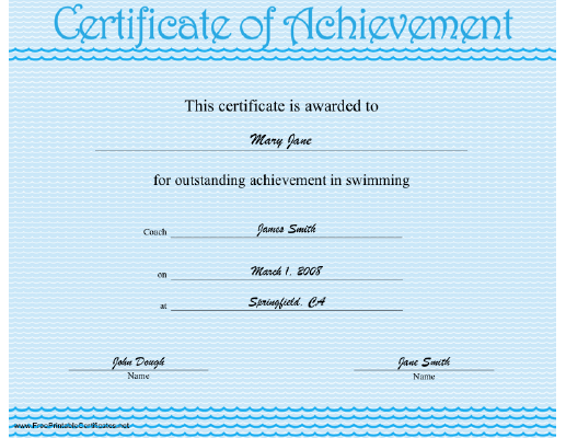 Swimming Achievement certificate