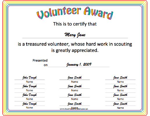 Volunteer Award certificate
