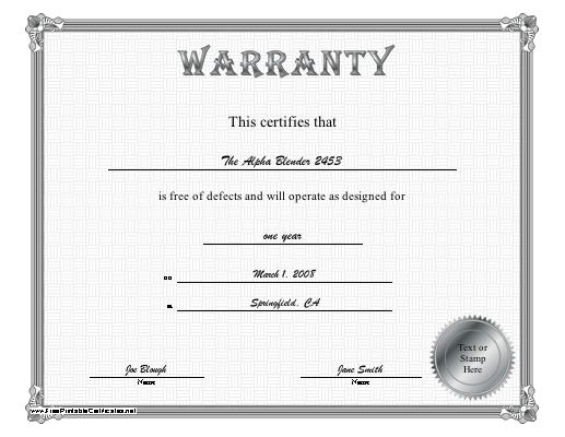 Warranty certificate